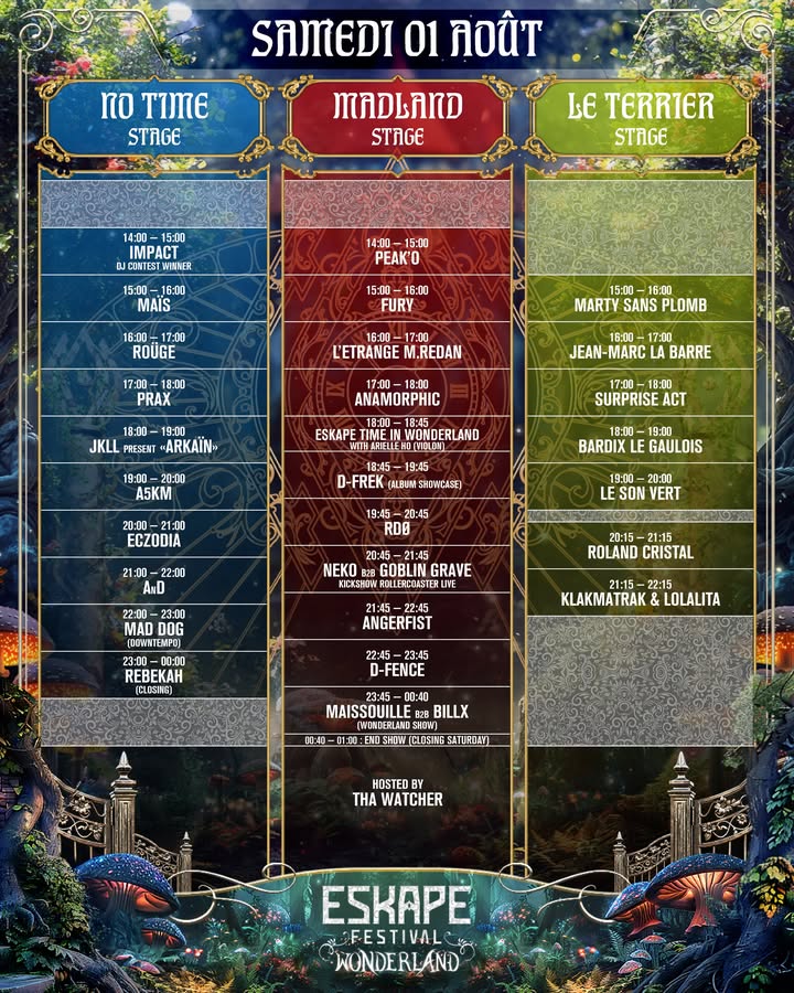 Timetable Samedi 01 août Eskape Festival Wonderland